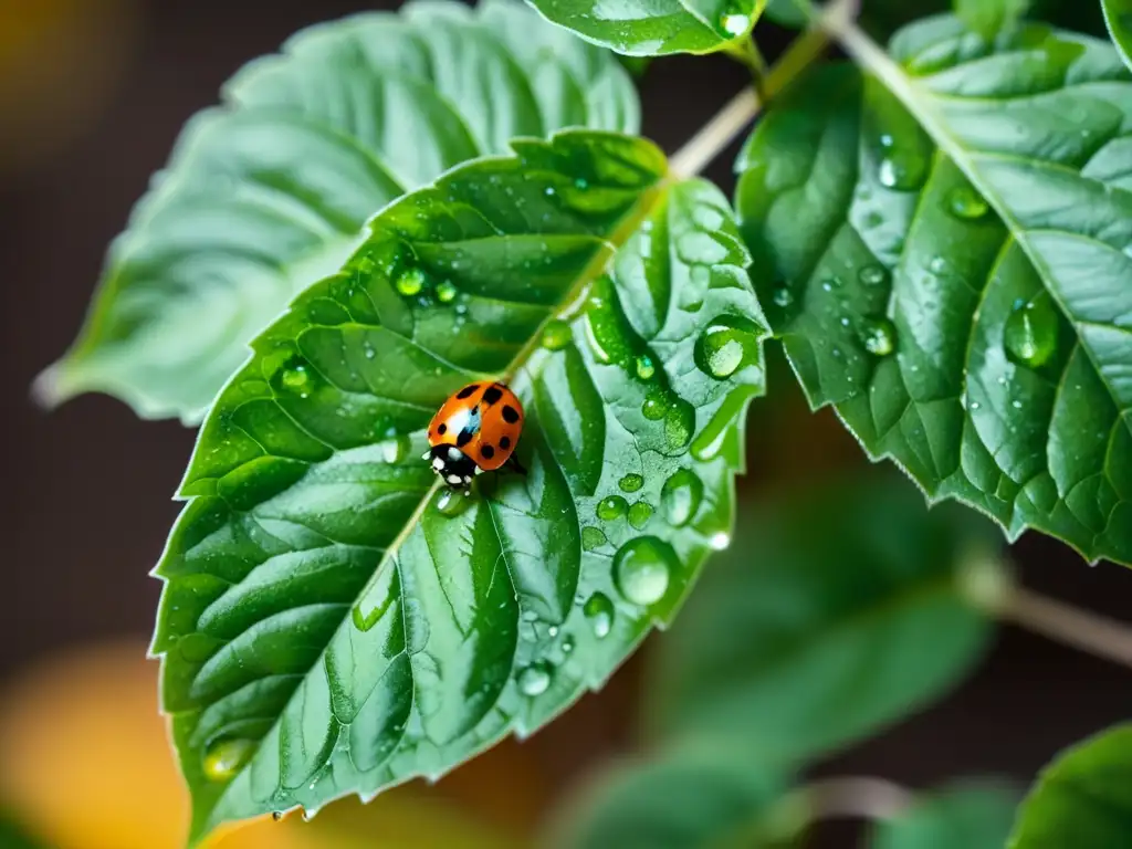 Detalle de planta de albahaca verde con gotas de agua y una mariquita