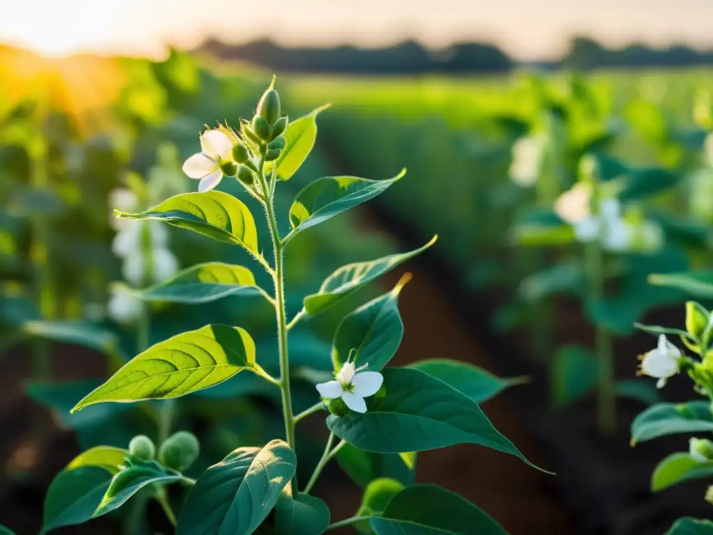 Detalle de planta de soja en campo soleado, resaltando la belleza y complejidad del manejo integrado de plagas en agricultura sostenible