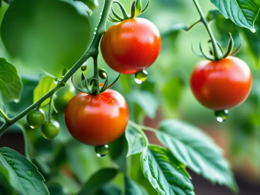 Detalle de planta de tomate saludable, con hojas verdes vibrantes y tomates maduros, resaltando la belleza natural y la resistencia del cultivo