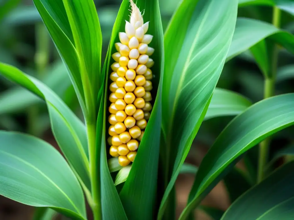 Detalle de planta de maíz transgénico con resistencia natural a plagas, resaltando la importancia de los cultivos transgénicos en el control de plagas