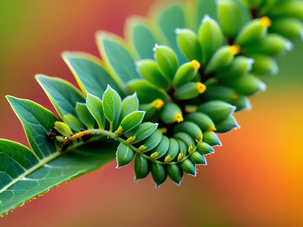 Detalle de una planta verde siendo devorada por orugas invasoras, enfatizando la importancia de las especies invasoras en el ecosistema