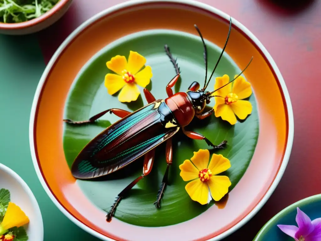 Detalle de platillo mexicano con chapulines en plato de cerámica, resaltando la entomofagia en la ruta gastronómica mundial