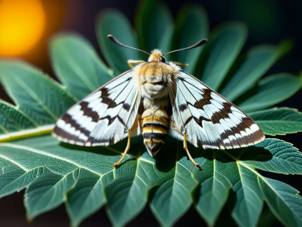 Detalle de una polilla reposando en una hoja bajo la luz de la calle, mostrando sus alas y antenas en la influencia de la luz artificial en insectos