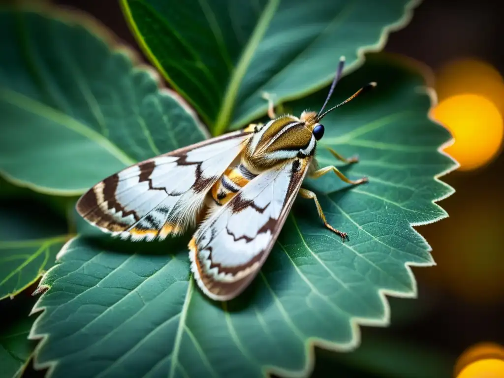 Un detalle de una polilla reposando en una hoja por la noche, con luz artificial suave a su alrededor