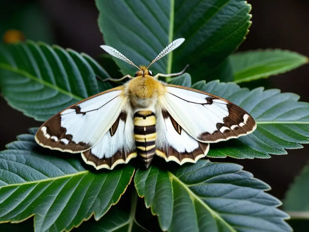 Detalle de polinización nocturna: una polilla delicadamente recolectando néctar de una flor blanca, resaltando la importancia de los polinizadores nocturnos en los ecosistemas