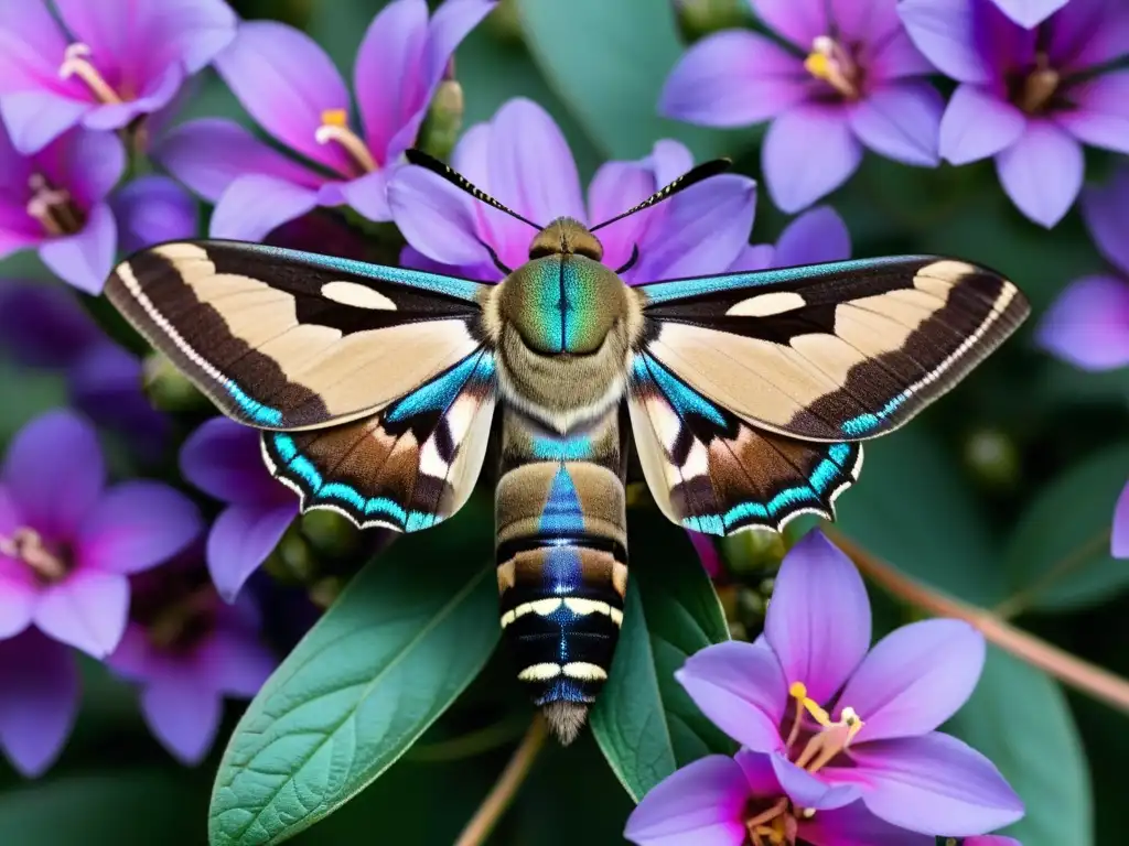 Detalle de polinizador nocturno, mariposa colibrí, libando néctar en flores coloridas