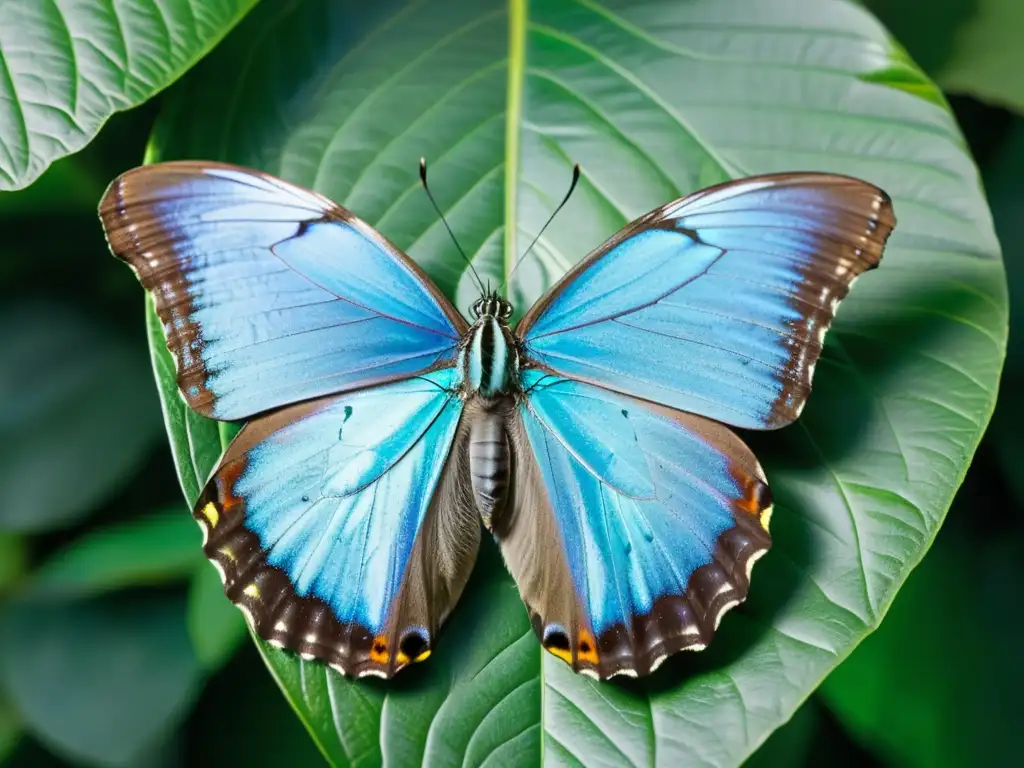 Detalle de mariposa Morpho menelaus posada en hoja verde