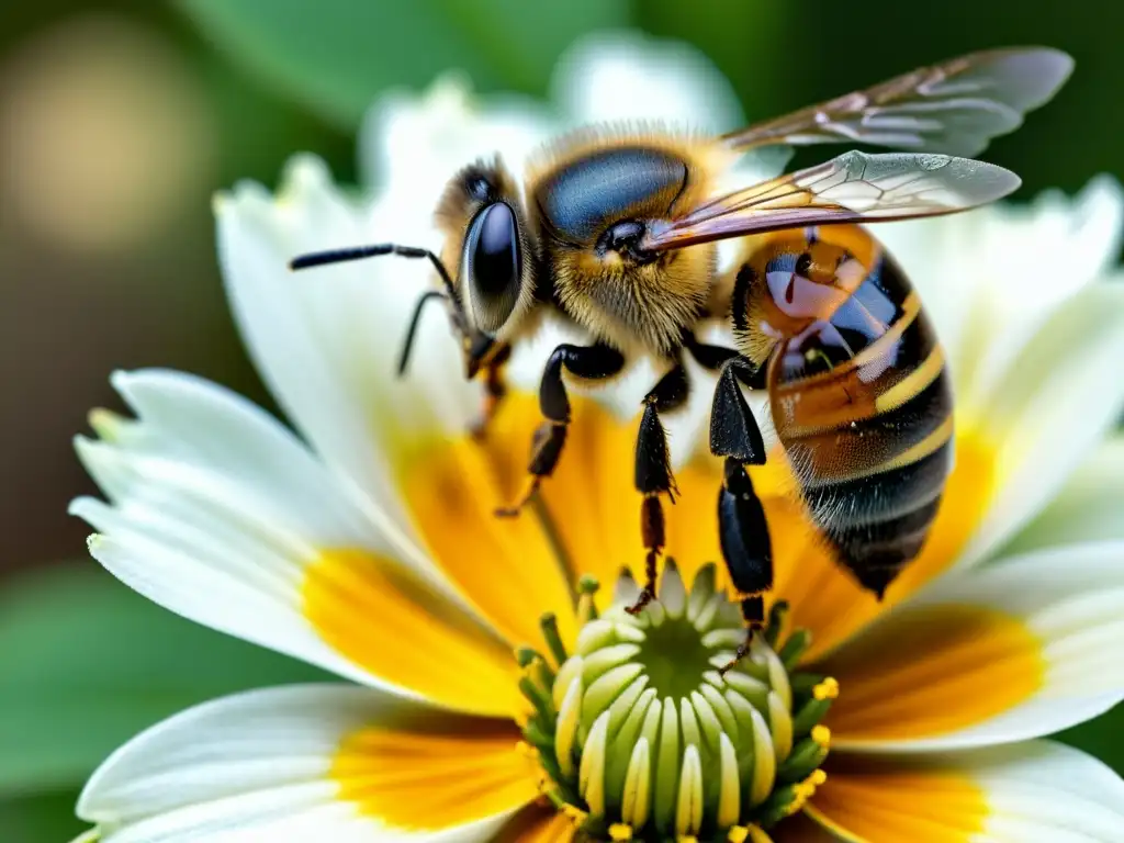 Detalle en primer plano de la intrincada estructura de las antenas de una abeja en busca de néctar