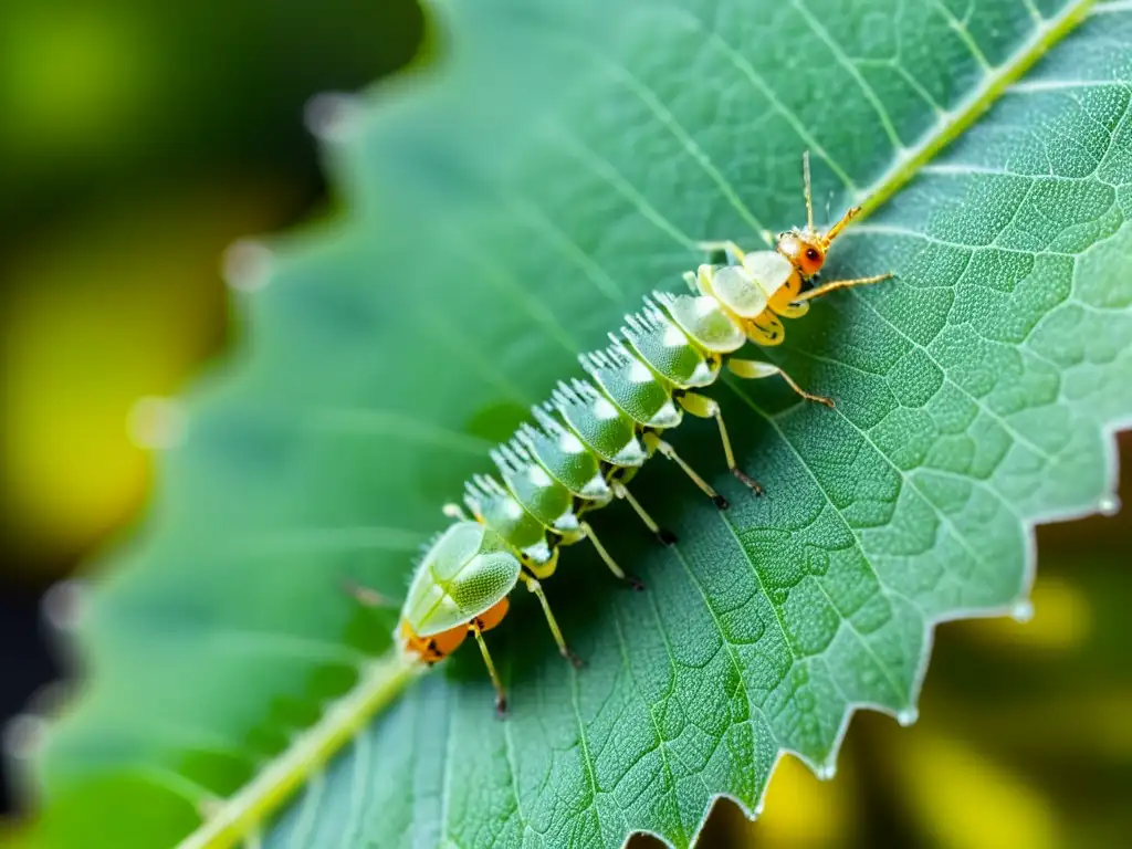 Detalle de pulgones en una hoja, comunicación simbólica en la naturaleza