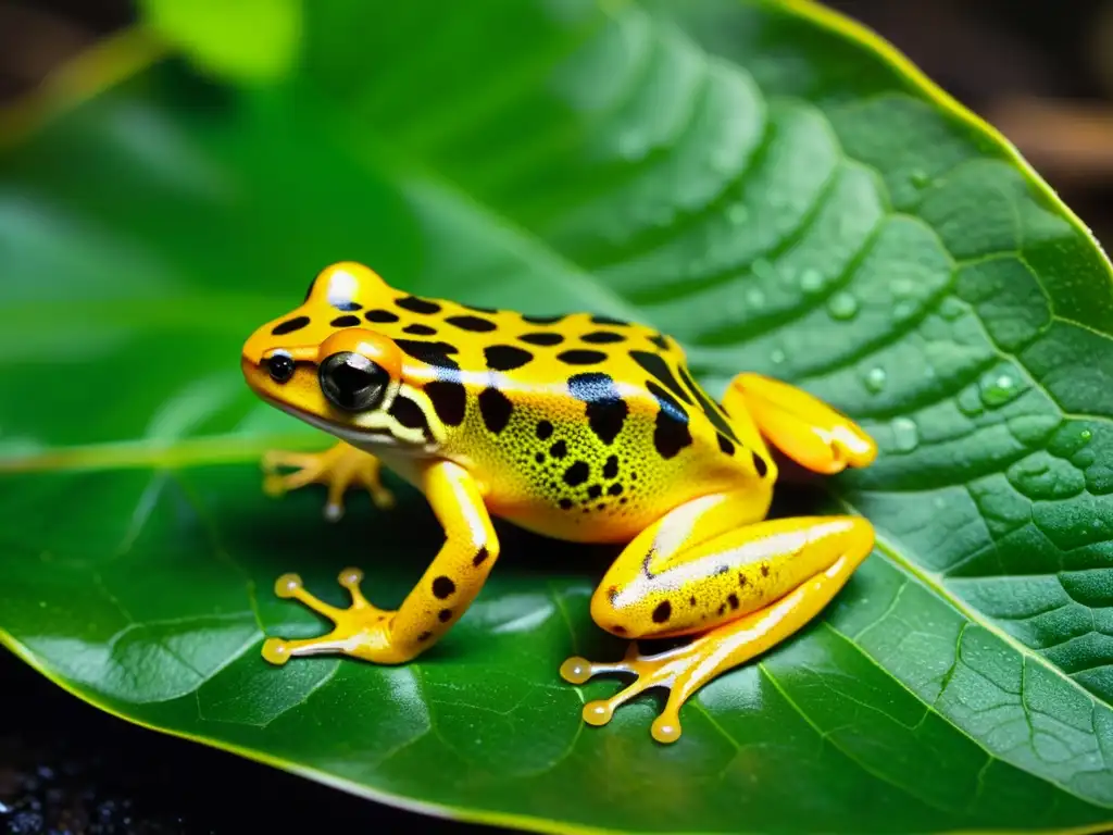 Detalle de una rana dorada venenosa en una hoja verde vibrante