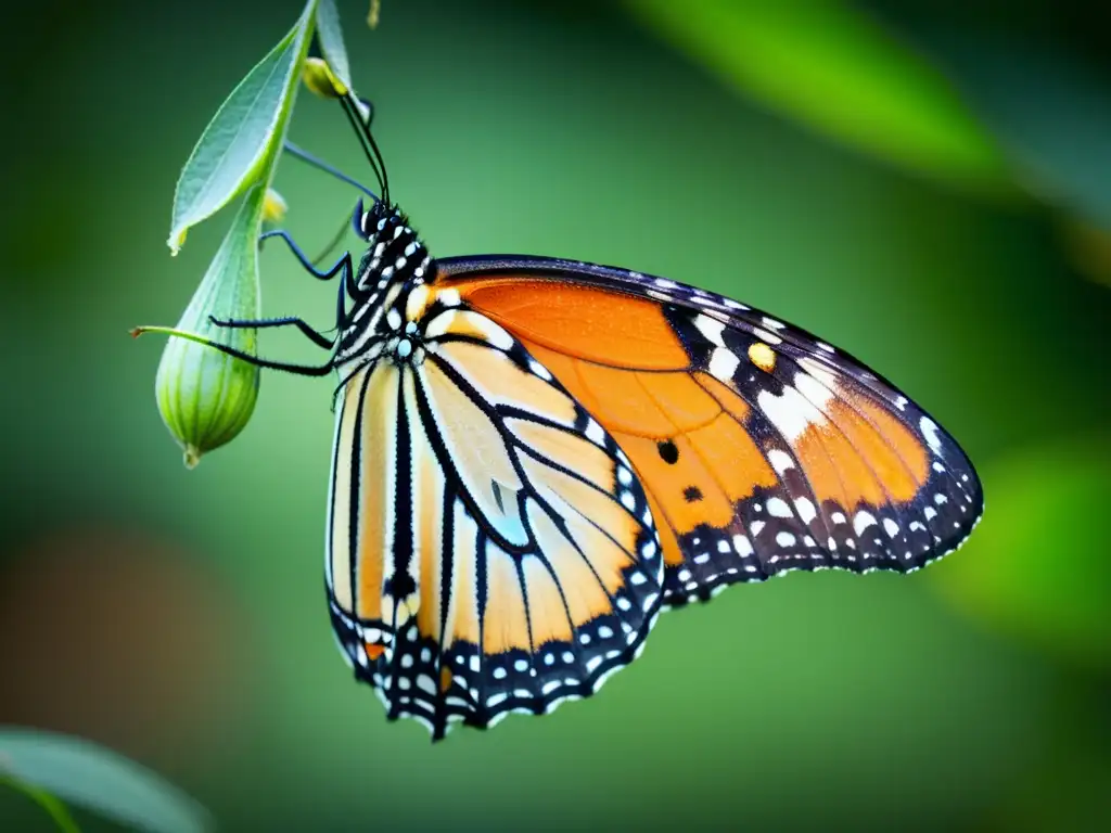 Detalle realista de una mariposa monarca emergiendo de su crisálida, con sensibilidad a temperatura durante la metamorfosis