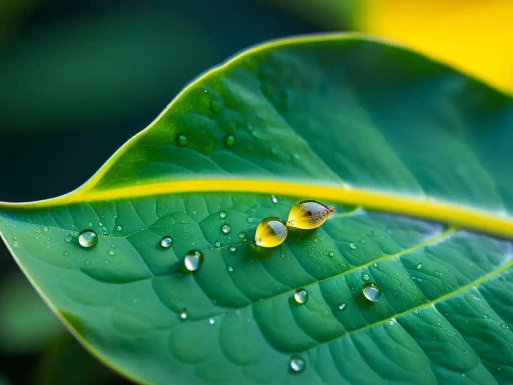 Detalle de relación simbiótica entre larvas de insectos y planta acuática en hoja de nenúfar, con gotas de agua brillando al sol