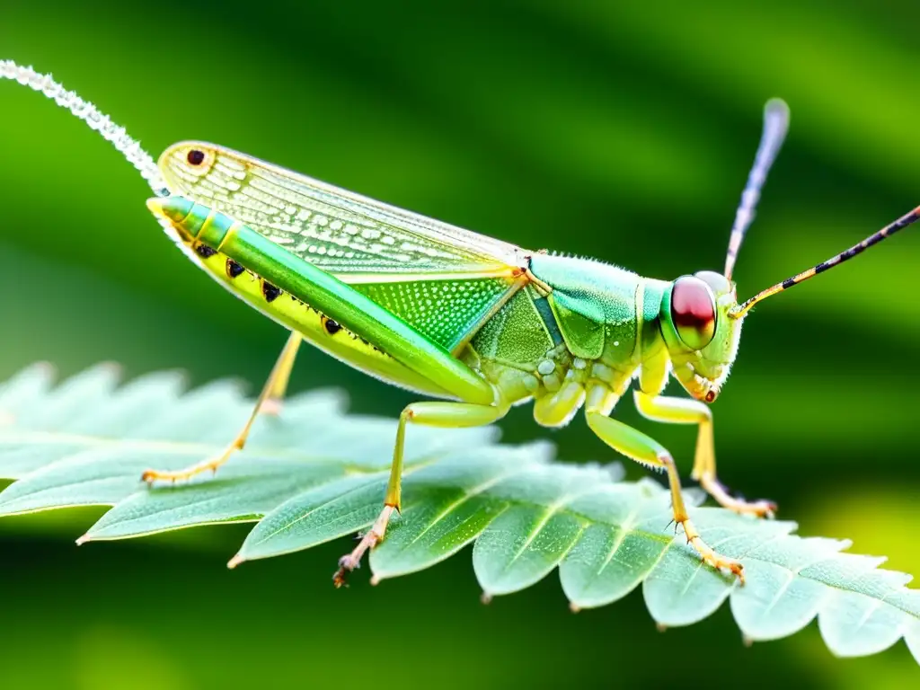 Detalle de saltamontes en hoja de pasto, resaltando la importancia de los insectos en ecosistemas