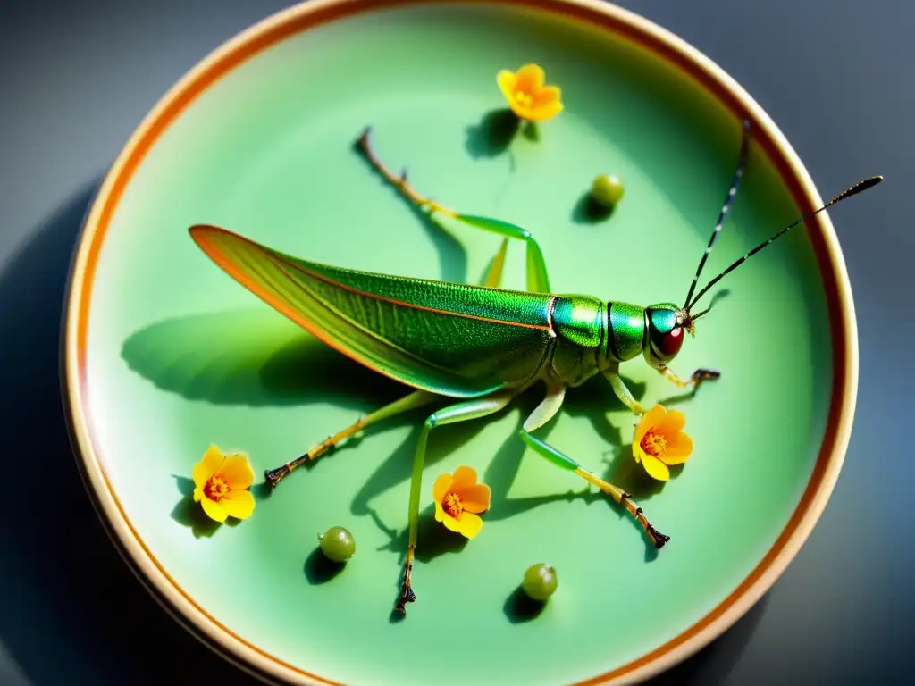 Detalle de un saltamontes en plato gourmet con insectos en la gastronomía