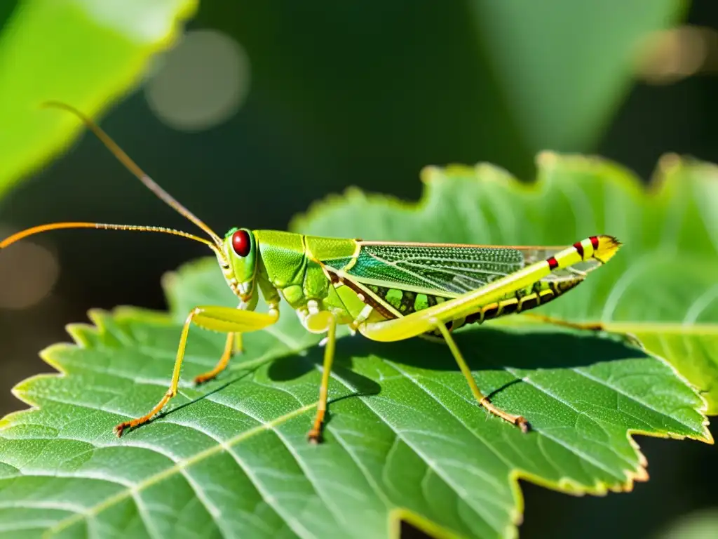 Detalle de saltamontes verde sobre hoja iluminada por el sol