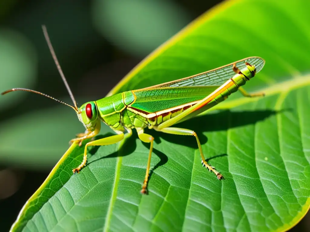 Detalle de un saltamontes verde en una hoja, con sus alas, ojos y cuerpo segmentado