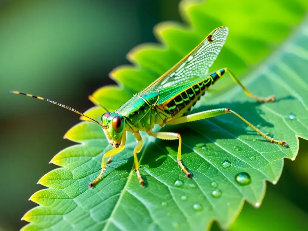 Detalle de un saltamontes verde vibrante en una hoja, con alas translúcidas y gotas de rocío