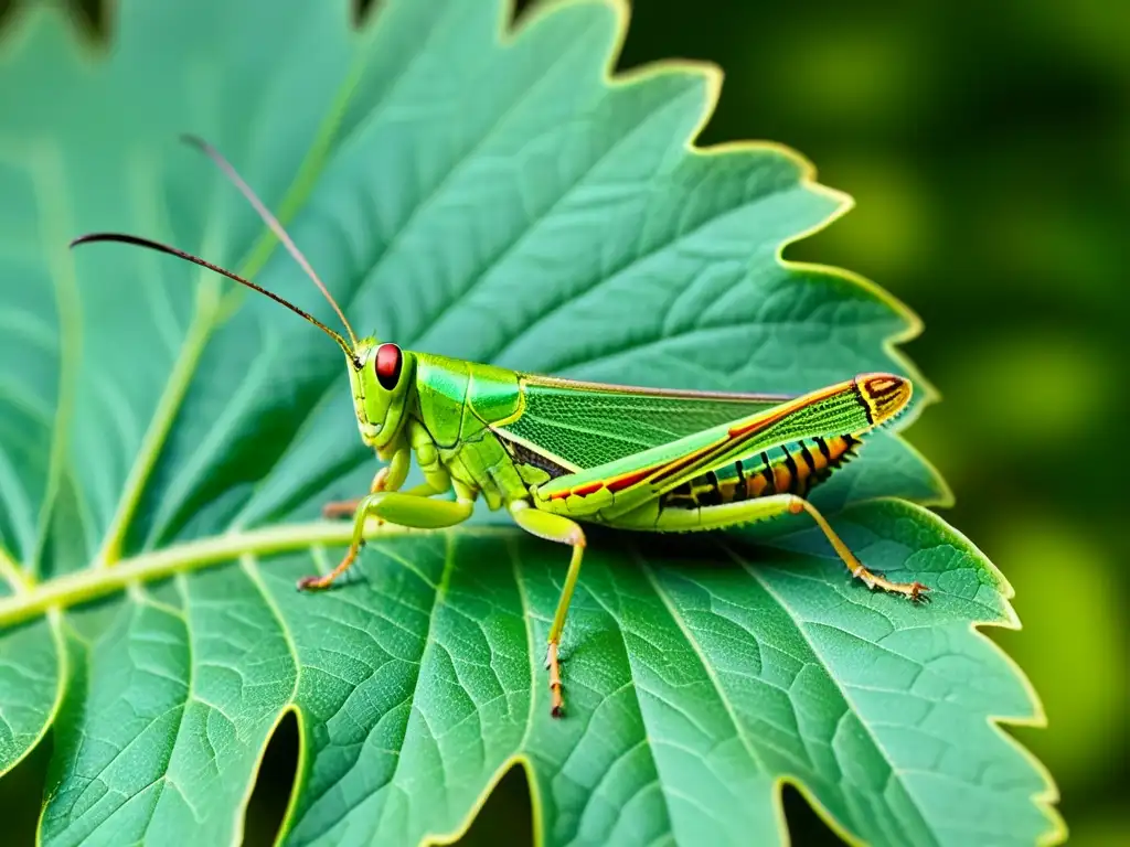 Detalle de un saltamontes verde vibrante posado en una hoja, con las alas sutilmente vibrando y produciendo un suave y relajante sonido