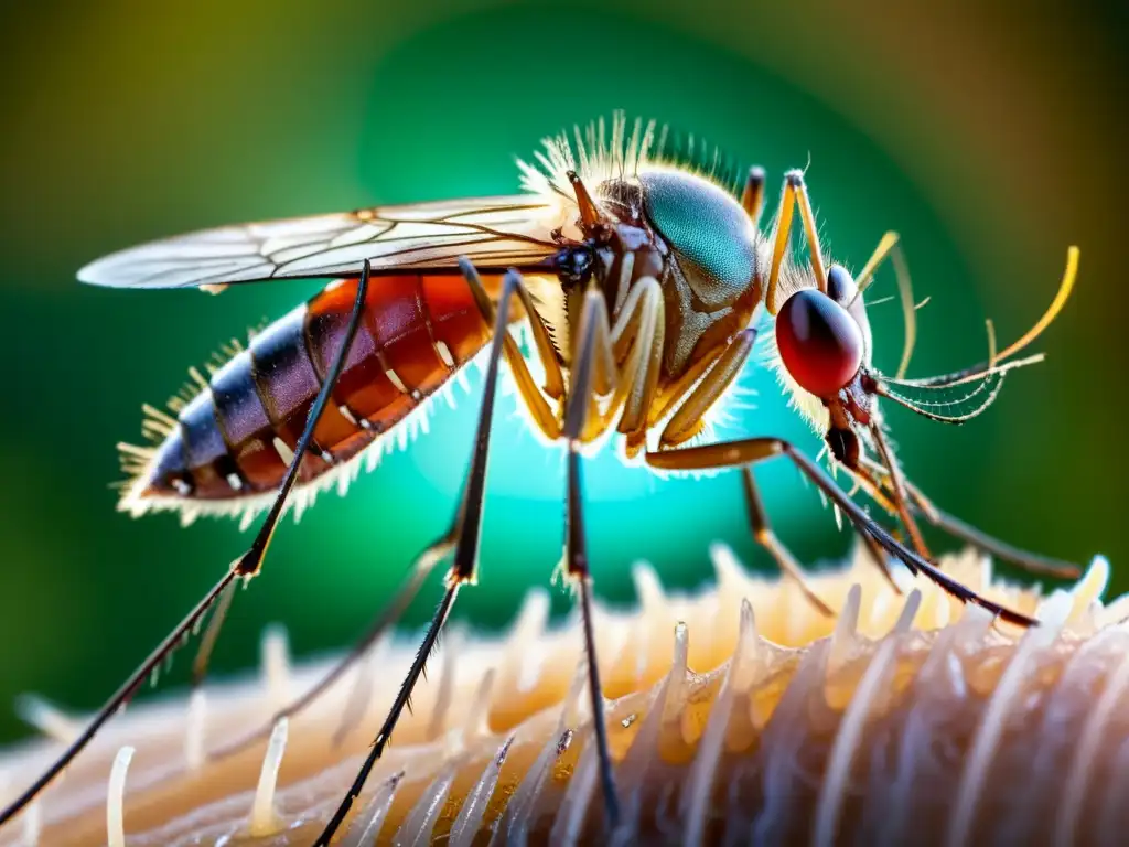 Detalle del mosquito alimentándose de sangre humana, mostrando la anatomía del insecto y la textura de la piel