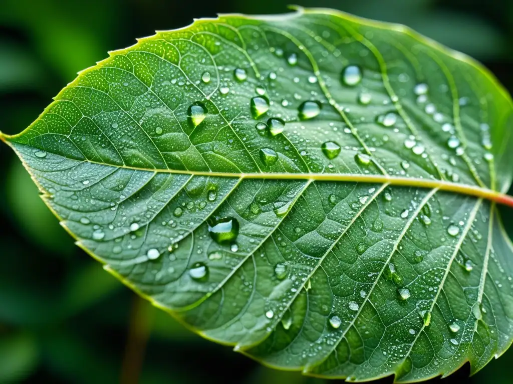 Detalle sorprendente de una hoja verde con gotas de rocío, perfecta para identificación de insectos por sonido