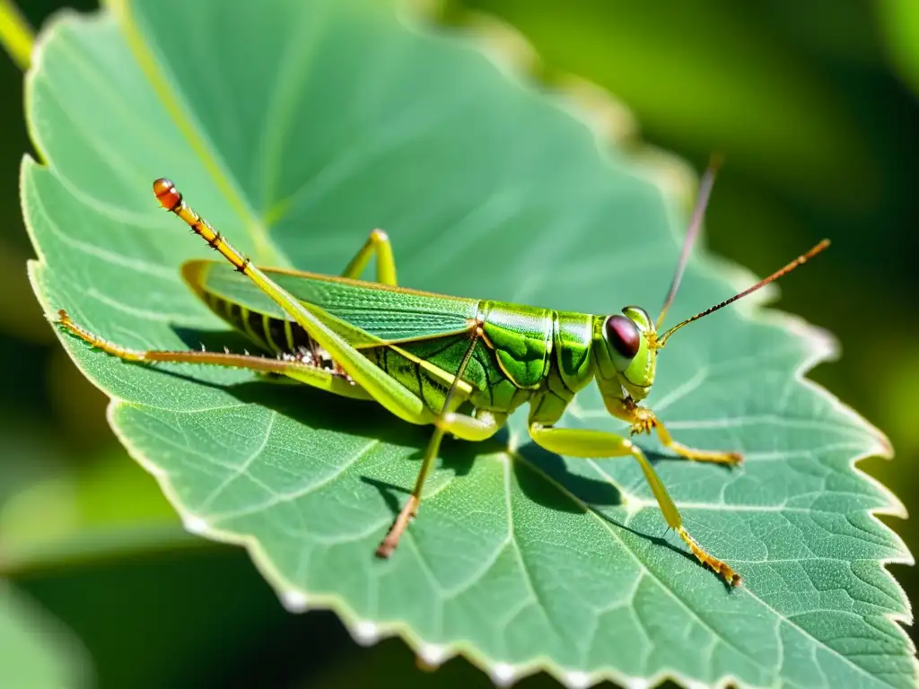 Detalle sorprendente de un saltamontes verde en una hoja