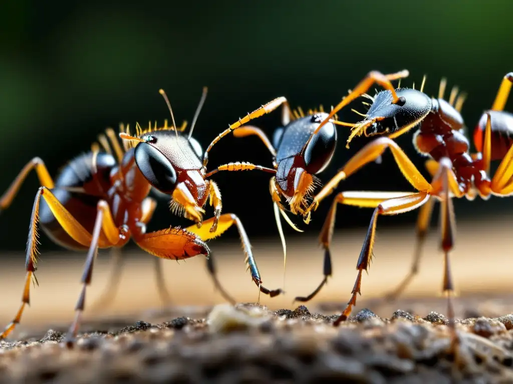 Detalle de tácticas de combate en insectos: dos hormigas luchando con mandíbulas entrelazadas en una intensa y brutal batalla