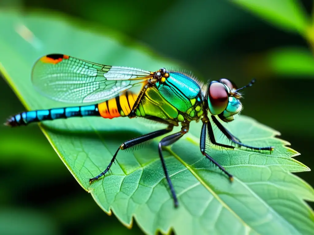 Detalle de tecnología wearable para monitoreo insectos en ala de libélula, con diseño delicado y estructura iridiscente