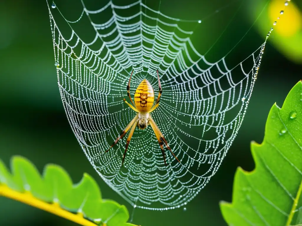 Detalle de una tela de araña tejida por una araña de jardín, con gotas de rocío brillando al sol