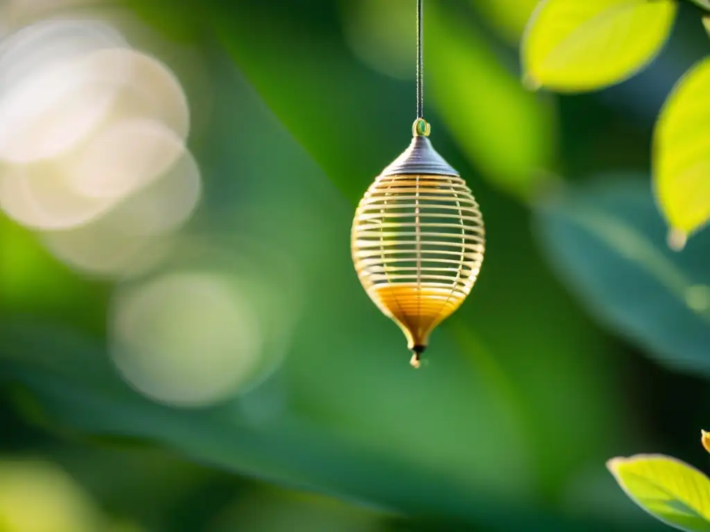 Detalle de trampa para insectos entre exuberante follaje, con luz natural