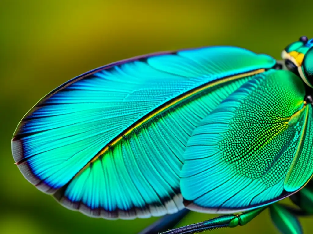 Detalle ultra definido del ala de una abeja orquídea metálica verde (Euglossa dilemma), mostrando colores iridiscentes vibrantes y venas delicadas