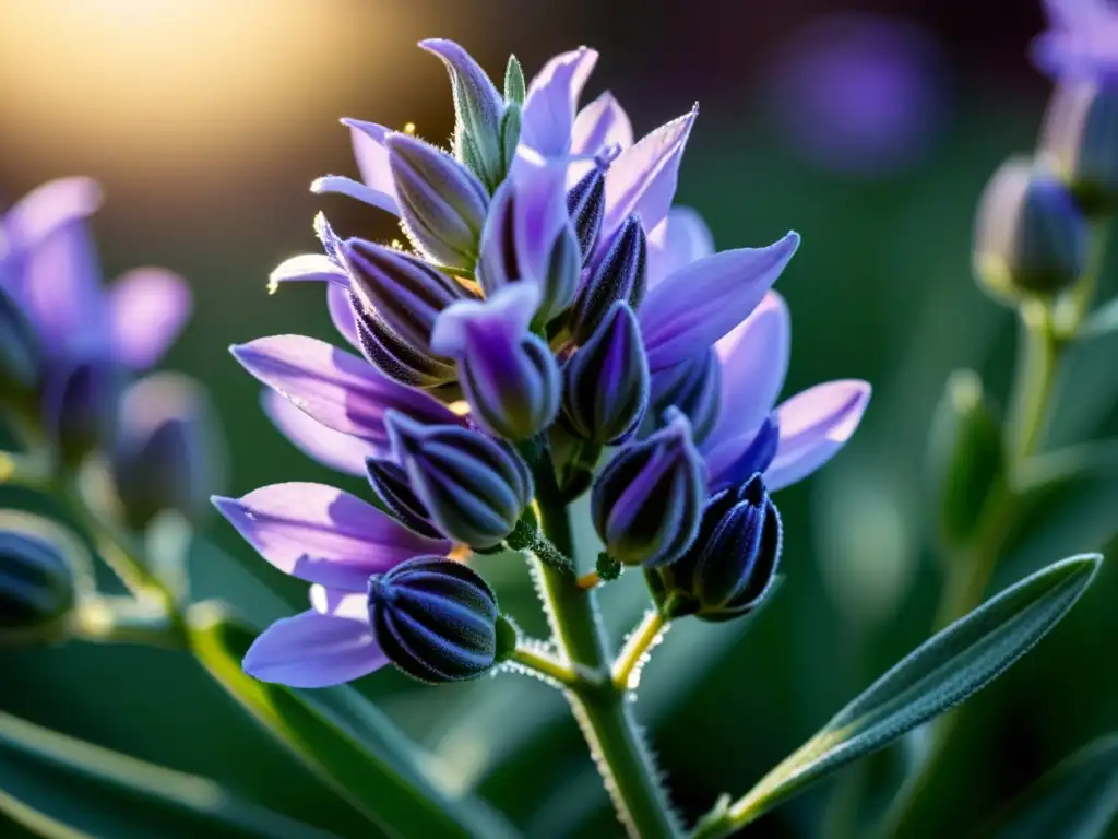 Detalle ultra definido de una hermosa flor de lavanda morada, con pétalos curvos y brotes fragantes en el centro