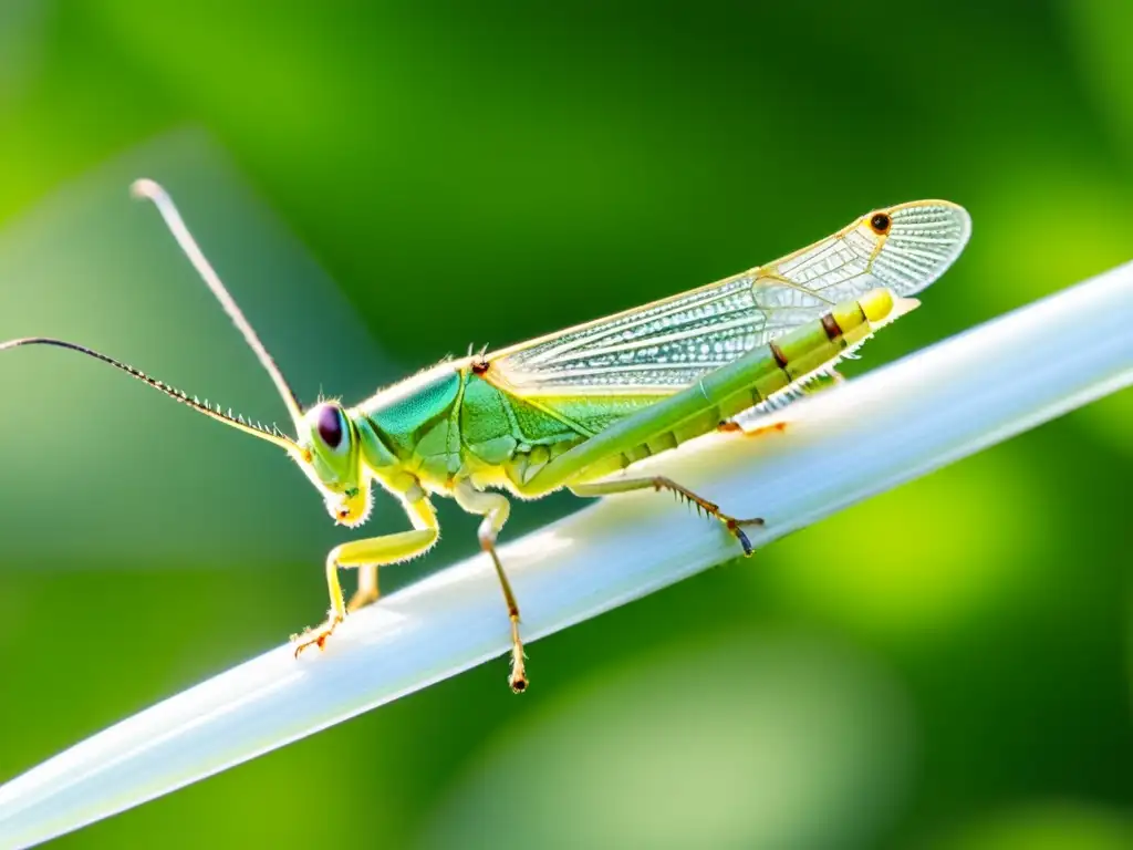 Detalle ultra definido de un saltamontes verde vibrante posado en una hoja delicada, destacando sus alas intrincadas y ojos grandes