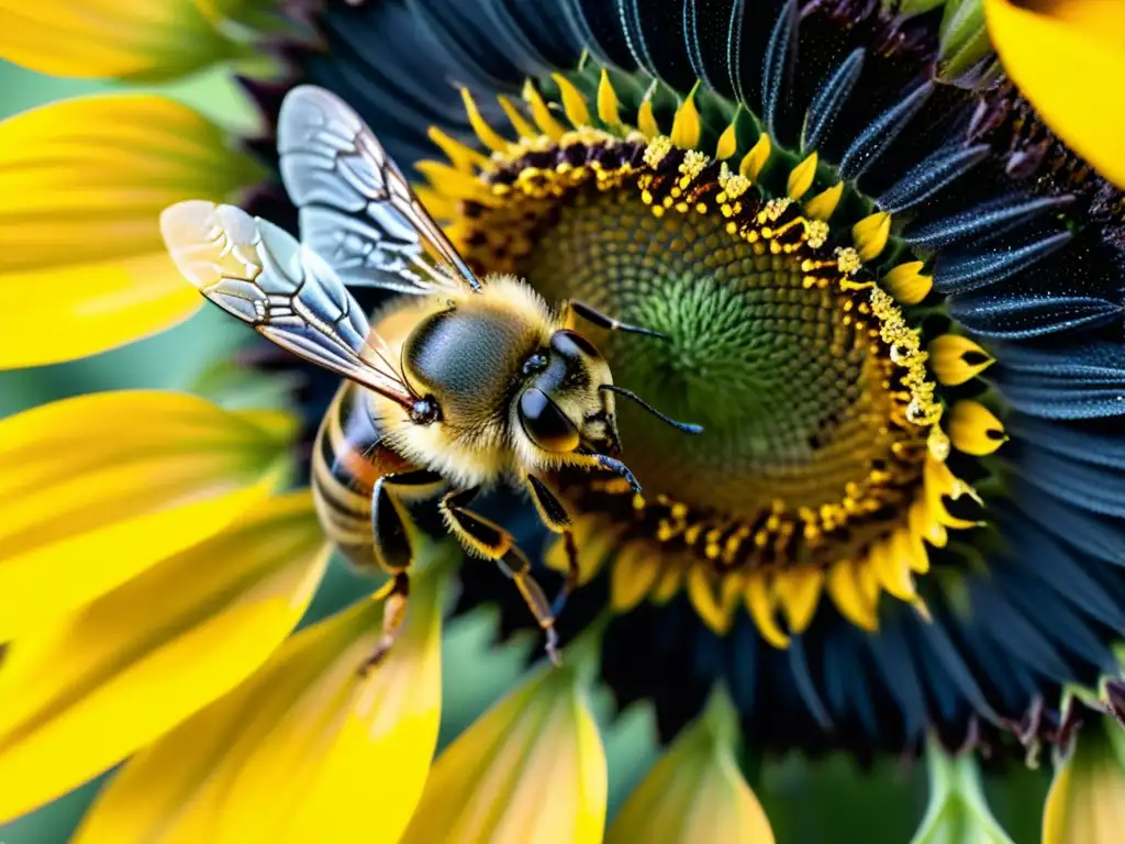 Detalle ultra nítido de una abeja cubierta de polen, en pleno vuelo sobre un girasol