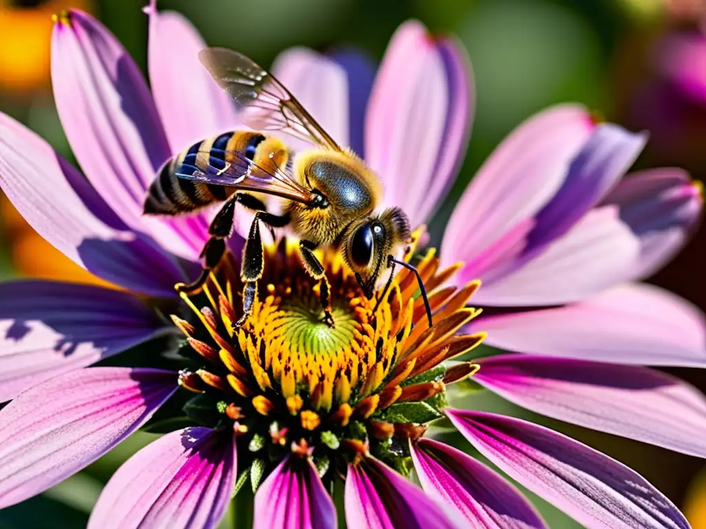 Un detalle ultradeatallado de una abeja recolectando néctar en una flor morada mientras sus delicadas alas revolotean