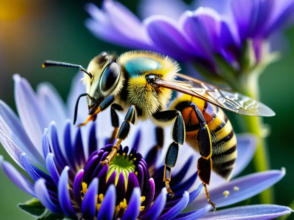 Un detalle ultradetallado de una abeja cubierta de polen, polinizando una flor silvestre morada