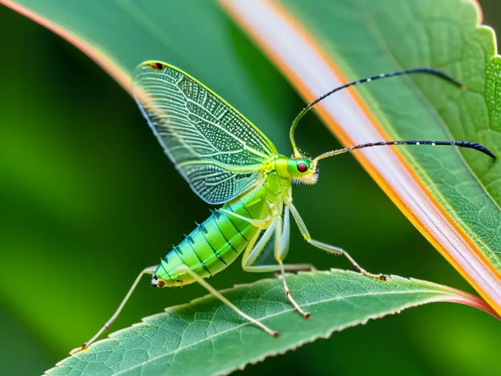 Detalle ultradetallado de alas y ojos de familias de insectos menos conocidas como los crisópidos o tettigónidos, resaltando su importancia y belleza