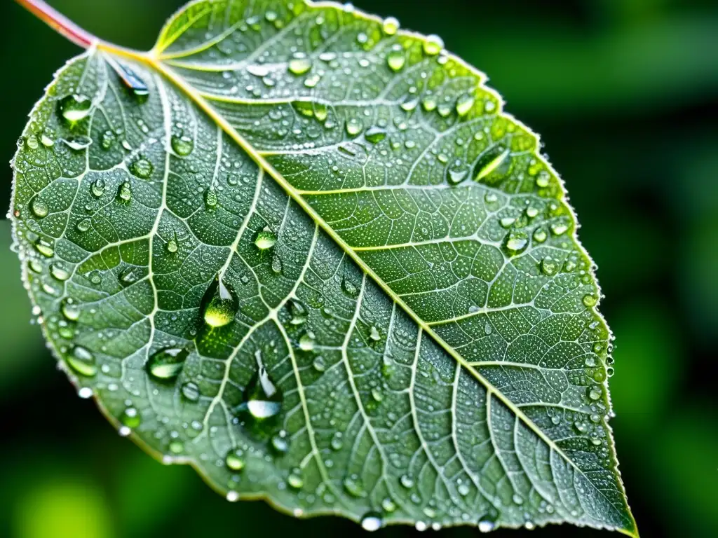 Detalle ultradetallado de una hoja verde vibrante cubierta de gotas de rocío, reflejando la luz del sol y la vegetación circundante