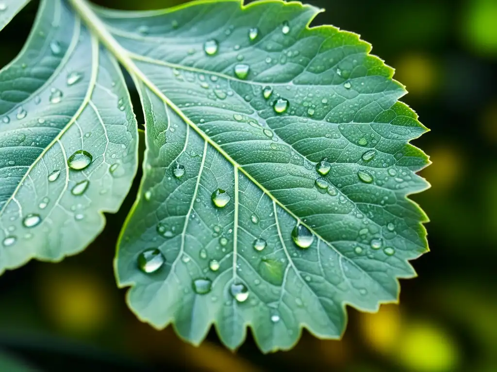 Un detalle ultradetallado de una hoja verde con gotas de agua, revelando una red de venas y texturas naturales