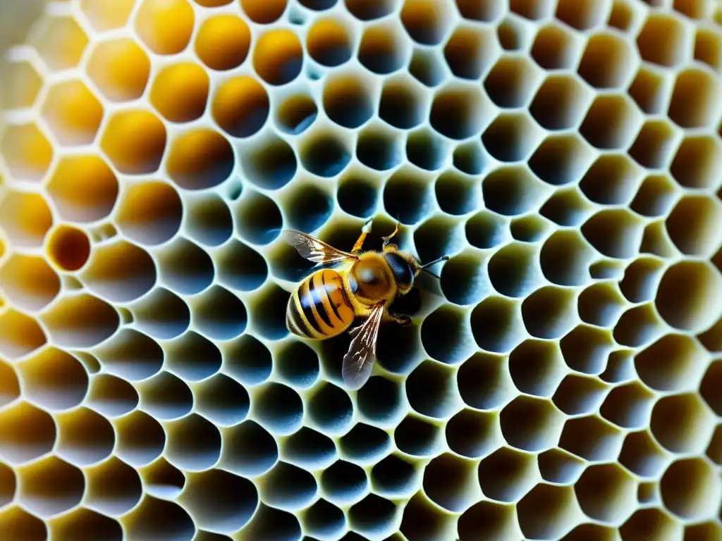 Detalle ultradetallado de un huevo de abeja en panal, mostrando la red intrincada de celdas hexagonales con el huevo traslúcido reposando