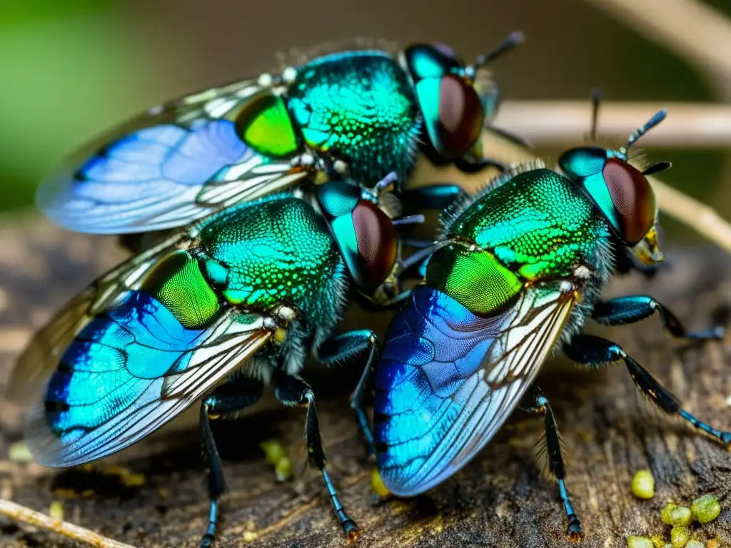 Detalle ultradetallado de moscas Calliphoridae alimentándose de un cadáver en descomposición, destacando su importancia en crímenes