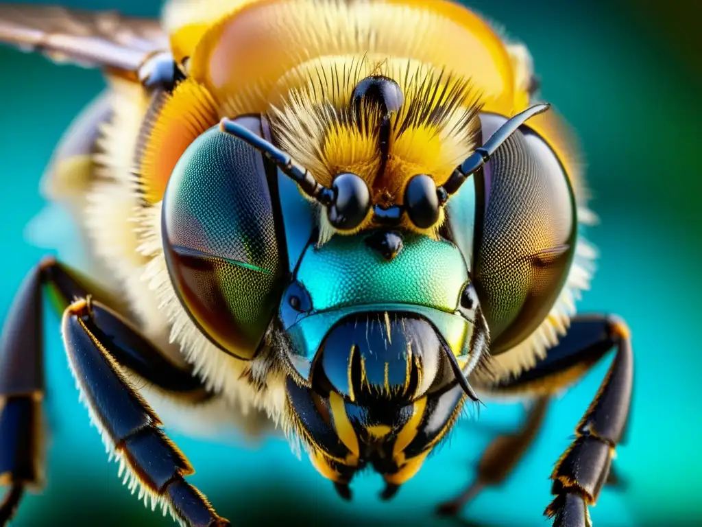 Detalle ultradetallado del ojo compuesto de una abeja, mostrando el patrón hexagonal y los detalles microscópicos