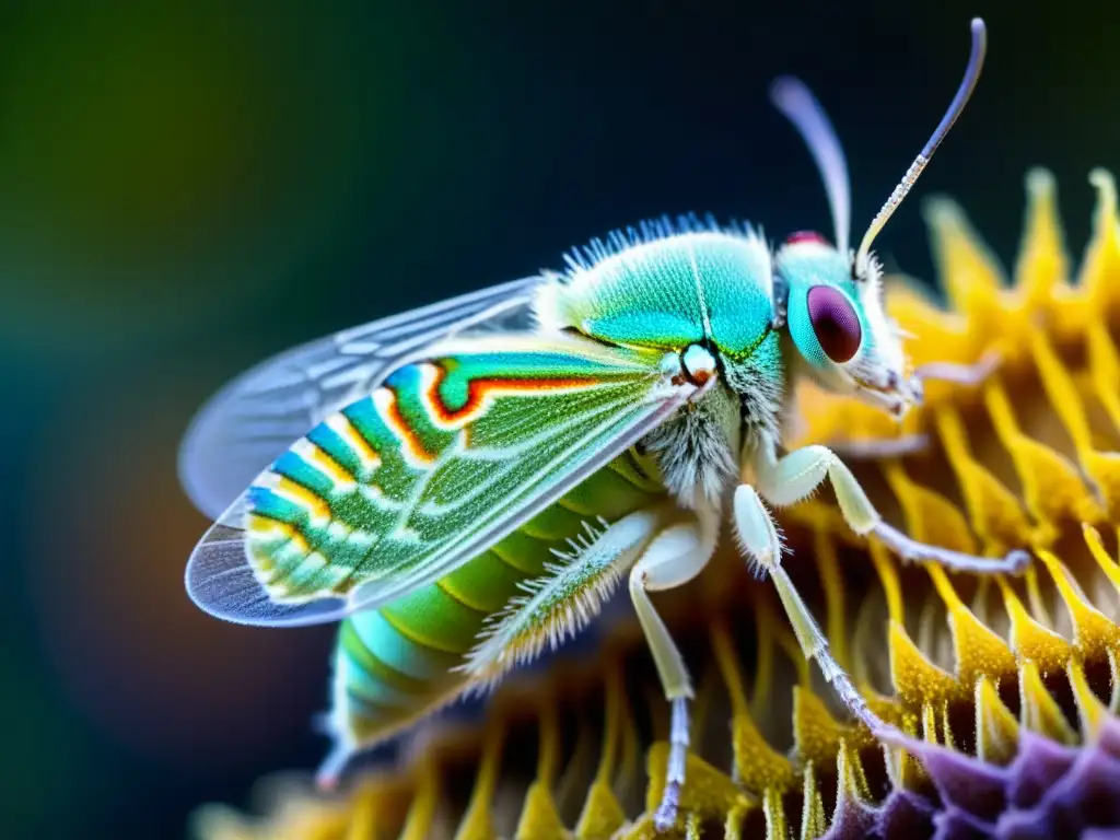 Detalle ultradetallado del órgano termorreceptor en la antena de una polilla, resaltando su sensibilidad al calor con colores vibrantes