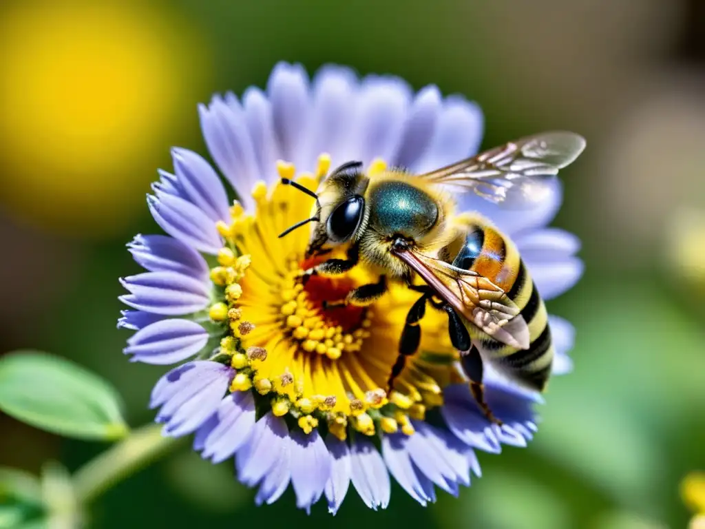 Un detalle ultrafino de una abeja cubierta de polen, con alas delicadas y colores vibrantes