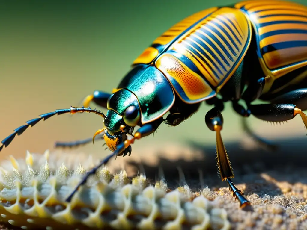 Detalle ultrapreciso de la pata articulada de un escarabajo, mostrando su compleja estructura para la locomoción terrestre de insectos