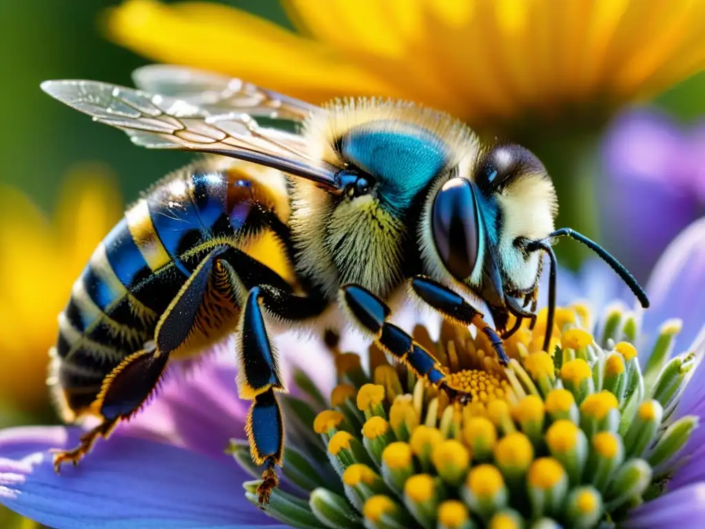 Detalle ultrarrealista de abeja silvestre cubierta de polen, con alas iridiscentes y cuerpo peludo, entre flores vibrantes