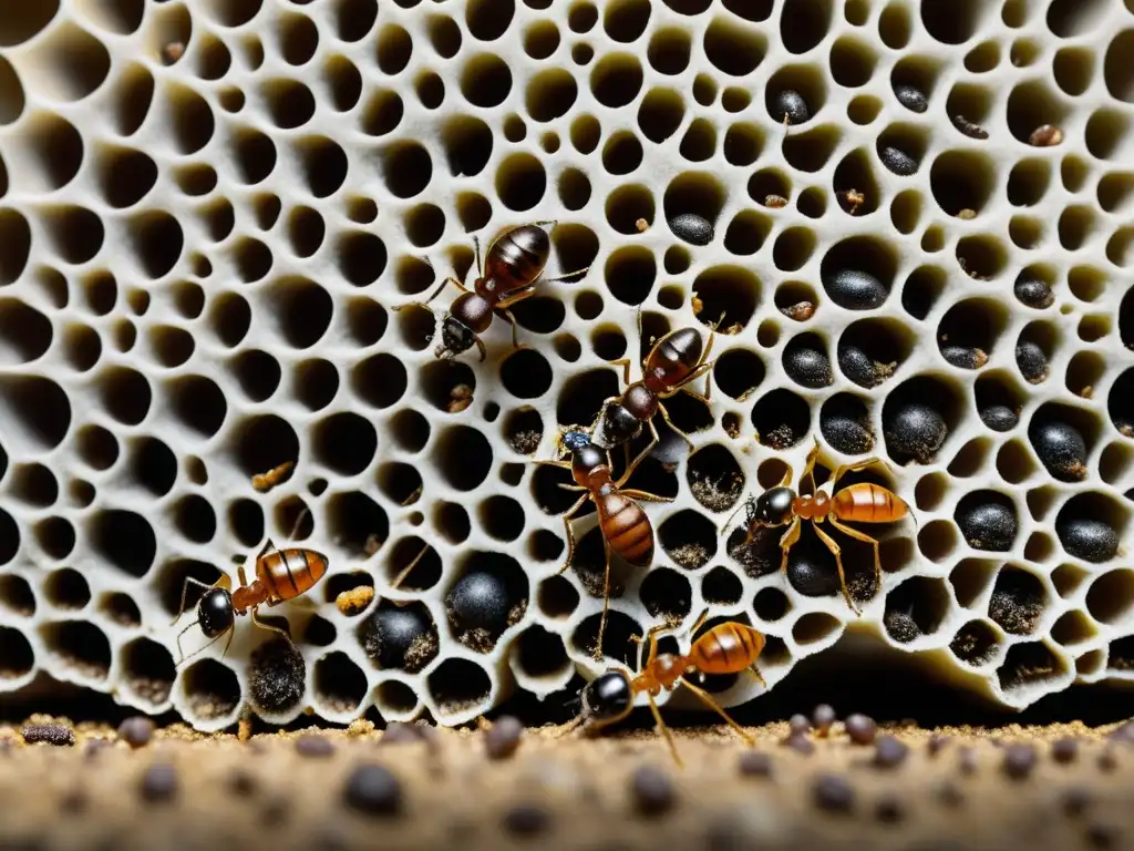 Detalle ultrarrealista de una bulliciosa colonia de hormigas, mostrando la compleja sociedad e interacciones