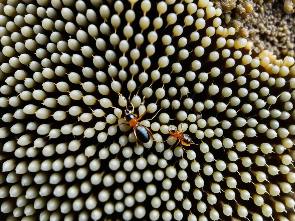 Detalle ultrarrealista de una bulliciosa colonia de hormigas, resaltando la importancia de la vida social en insectos