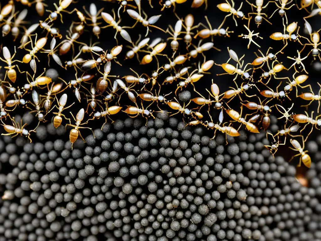 Detalle ultrarrealista de una colonia de hormigas en plena actividad social