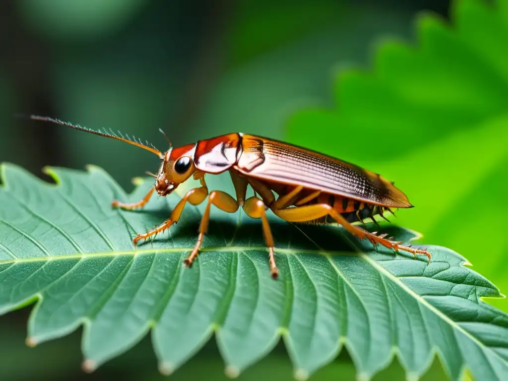 Detalle ultrarrealista de una cucaracha en una hoja en un bosque exuberante