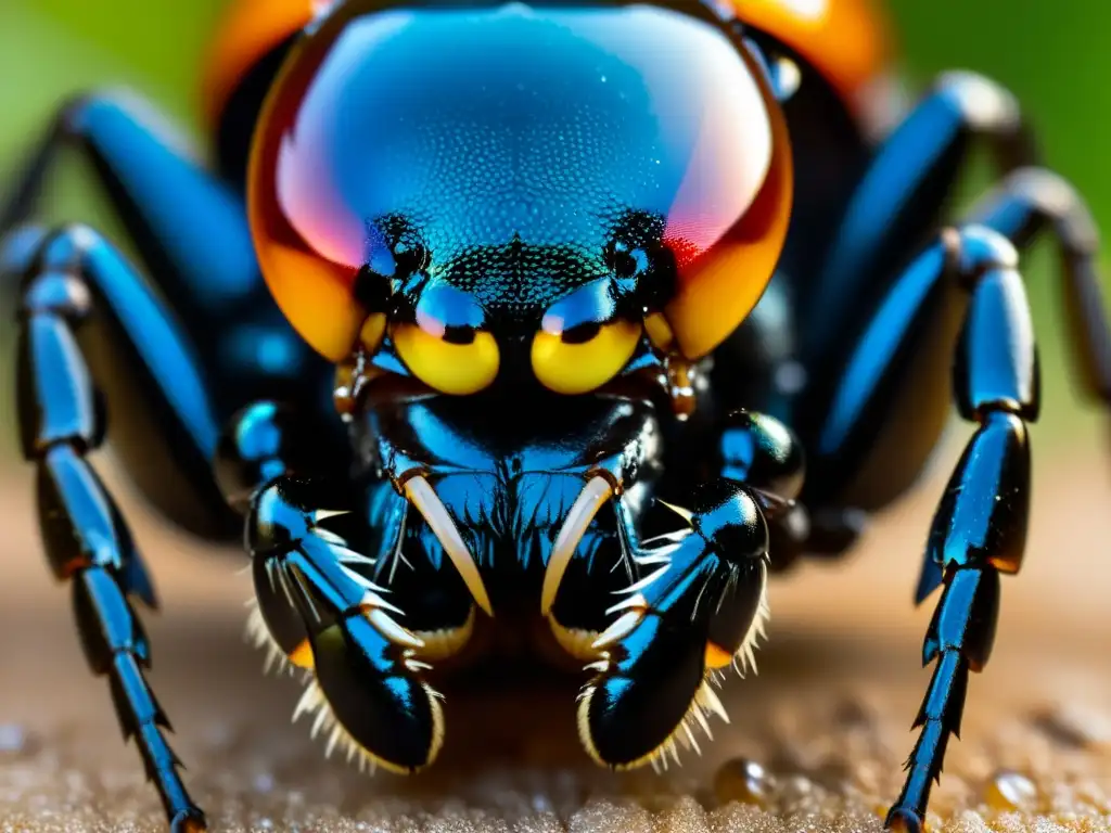 Detalle ultrarrealista de un insecto venenoso liberando una gota de veneno letal, resaltando su belleza letal